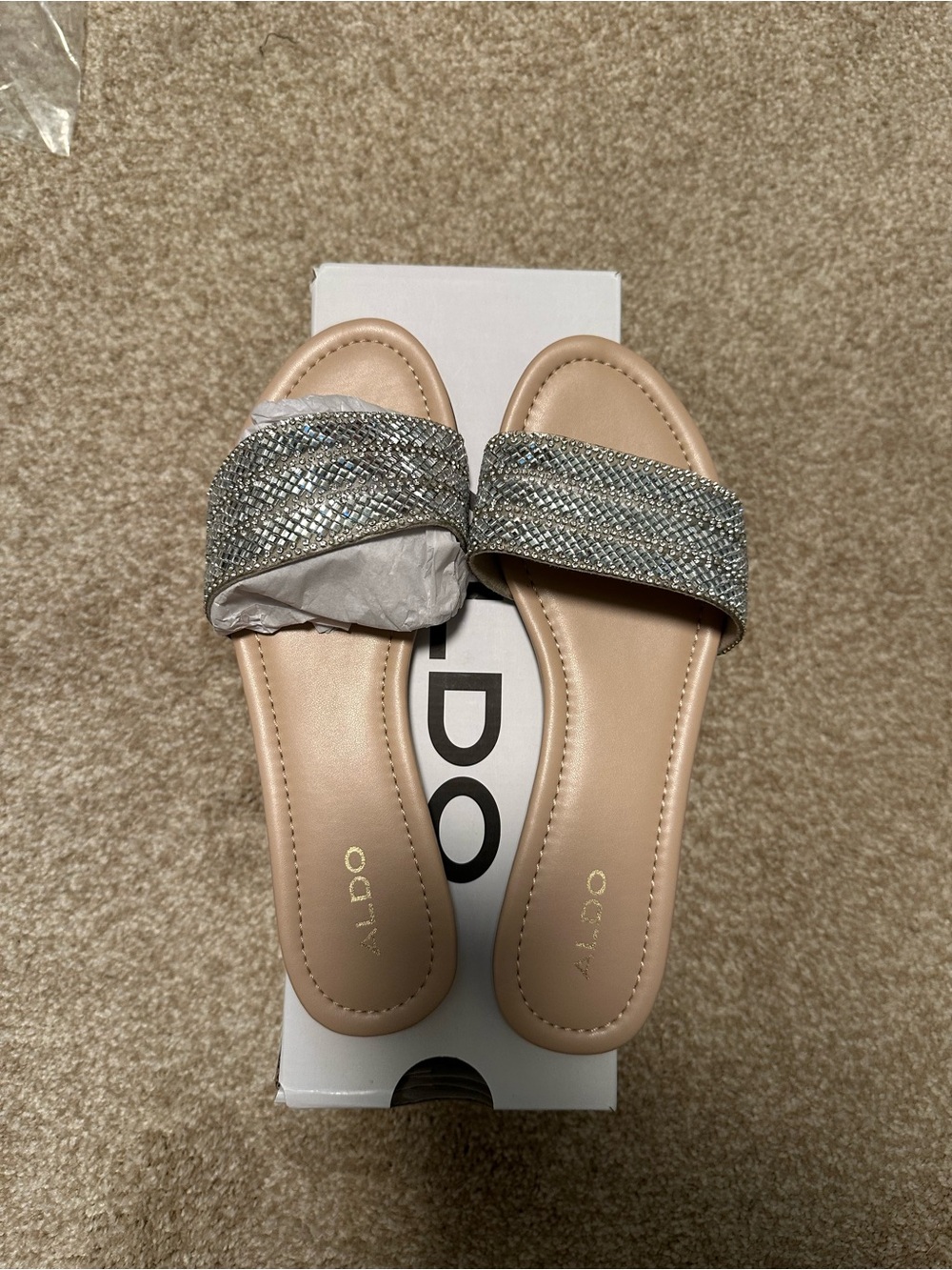 Aldo Silver Crystal-Embellished Slide Sandals with Nude Footbed